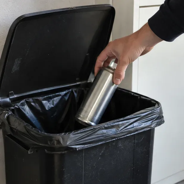Een hand laat een gewone metalen spuitbus voorzichtig in een met vuilniszak beklede restafvalbak zakken