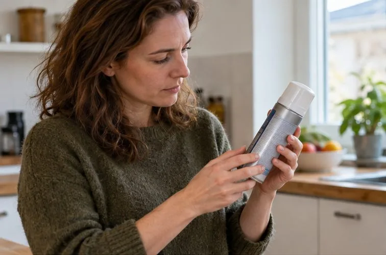 Een vrouw leest het etiket van een spuitbus in huis en bekijkt de bus voordat ze deze weggooit
