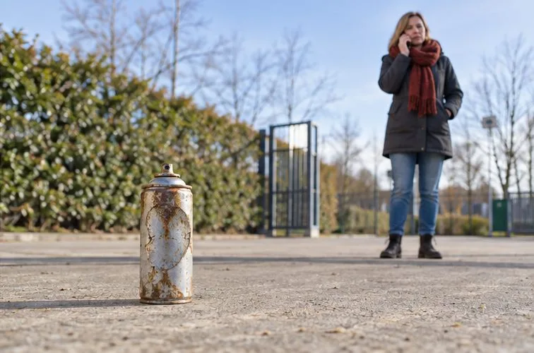Een roestige, beschadigde spuitbus staat alleen op de grond terwijl iemand op afstand belt