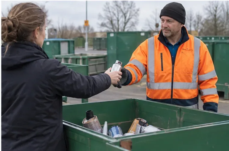 Een medewerker in een reflecterende jas neemt een intacte spuitbus aan bij een gescheiden inzamelpunt op een milieustraat