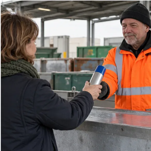 Een inwoner geeft een metalen spuitbus aan een medewerker bij een gemeentelijk milieupark.