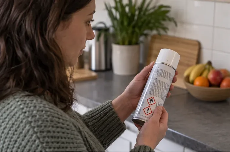Een bewoner bekijkt de gevarensymbolen en productinformatie op een spuitbus
