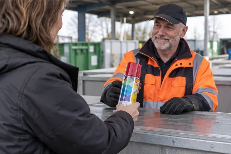 Een bewoner overhandigt een spuitbus met verf aan een medewerker bij een milieustation