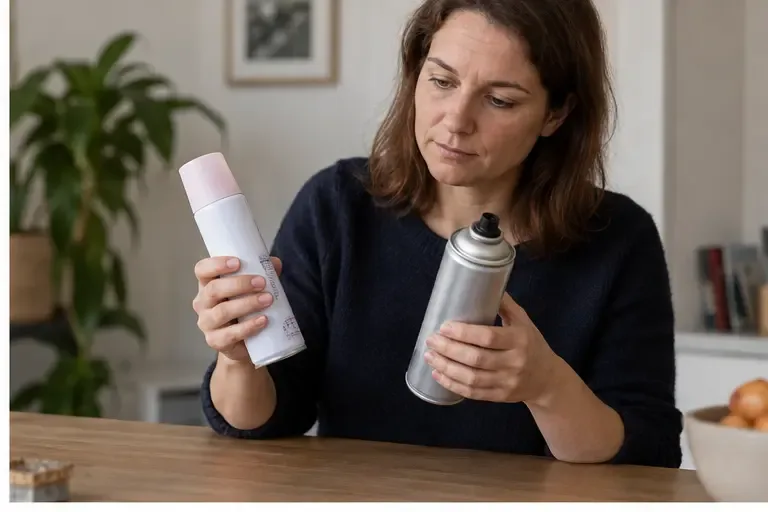 Een vrouw bekijkt een lege verzorgingsspray en een andere spuitbus zonder de knop in te drukken