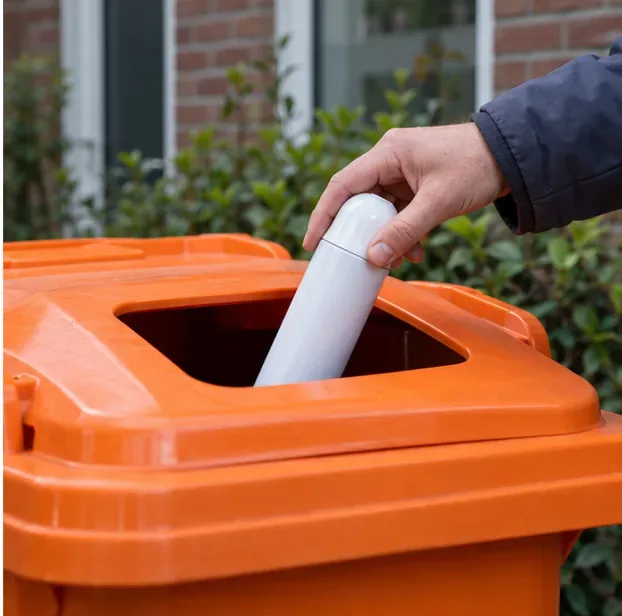 Een hand plaatst een lege huishoudelijke spuitbus in een oranje PMD-container