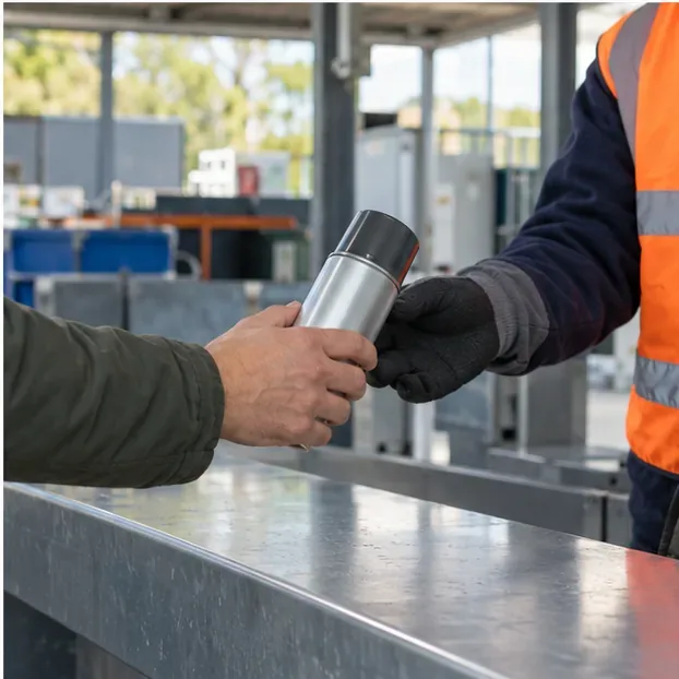 Een inwoner overhandigt een spuitbus aan een medewerker bij een afvalbrengstation