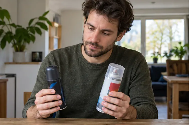 Een inwoner bekijkt twee intacte spuitbussen op een tafel: een deodorantbus en een verfspuitbus.