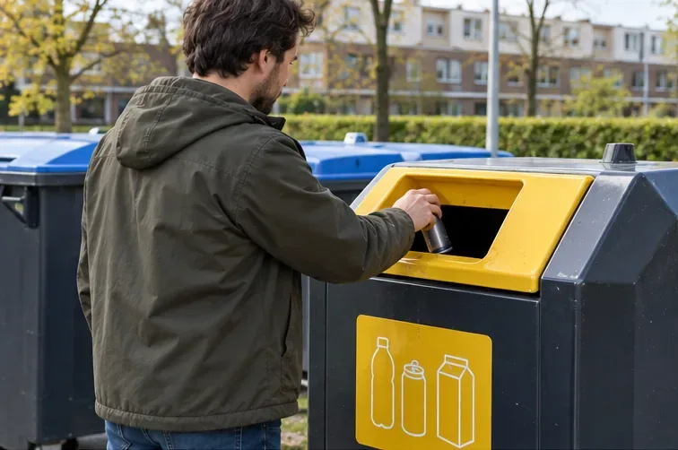Een inwoner doet een volledig lege deodorantspuitbus in een Nederlandse PBD-container voor plastic, blik en drinkpakken.
