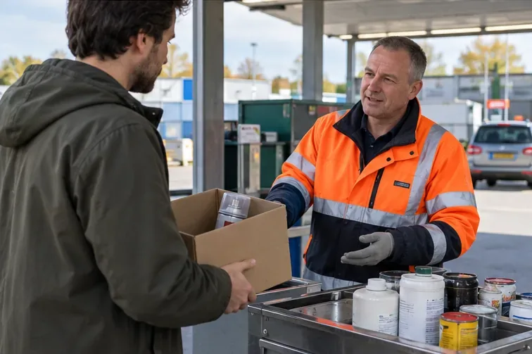 Een medewerker van een gemeentelijk afvaldepot bespreekt een verfspuitbus met een bezoeker die deze in een stevige doos vervoert.