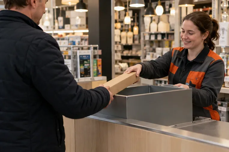 Een klant overhandigt een lange kartonnen huls aan een medewerker bij een winkelbalie.
