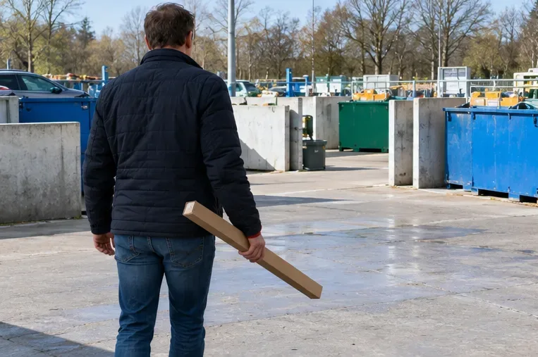 Een man draagt een lange kartonnen huls op een terrein met gescheiden afvalcontainers.