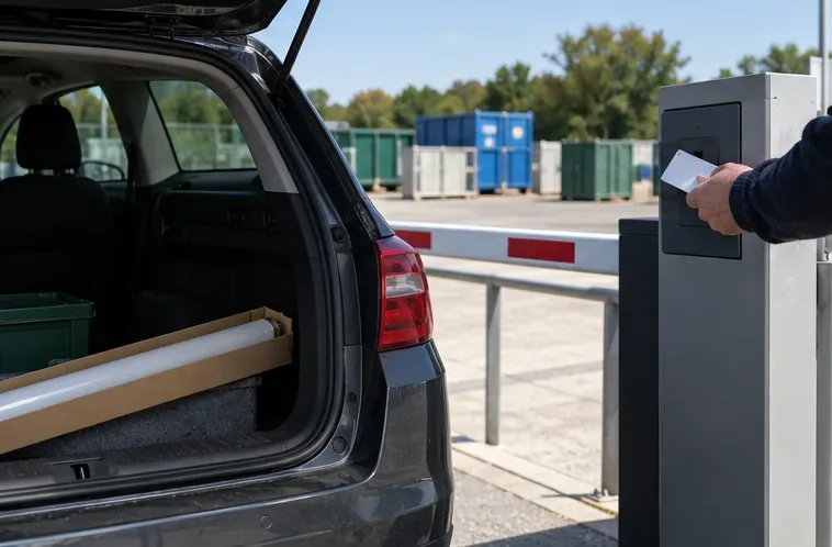 Een bewoner houdt een toegangspas bij een toegangszuil van een milieubrengstation; in de auto ligt een tl-buis in een kartonnen hoes.