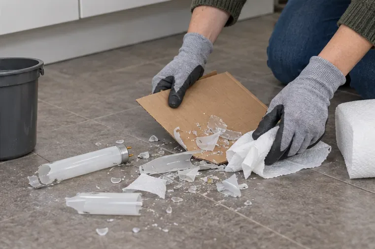 Een volwassene met handschoenen verzamelt voorzichtig glasscherven van een gebroken TL-buis met karton en een vochtig wegwerpdoekje