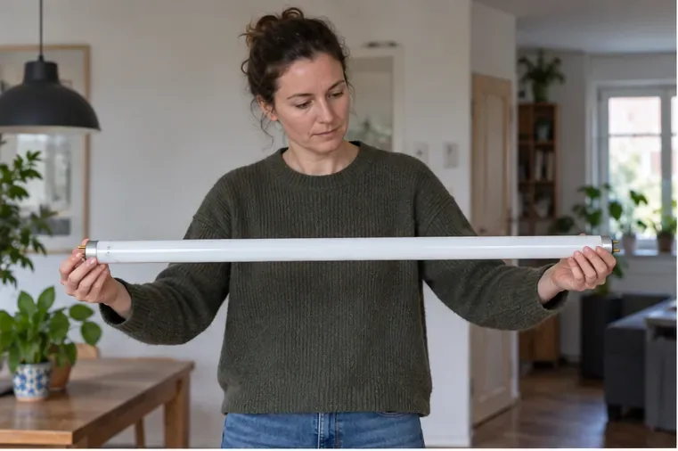 Een bewoner houdt een intacte TL-buis voorzichtig aan beide uiteinden vast