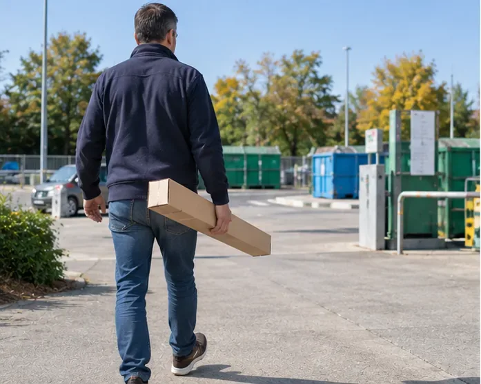 Een persoon loopt met een lange kartonnen doos richting een terrein met recyclingcontainers.