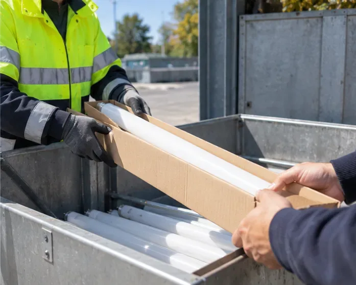 Een medewerker met reflecterende werkkleding neemt een doos met tl-buizen aan boven een speciale inzamelcontainer.