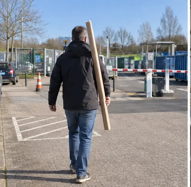 Een bezoeker die een beschermde tl-buis naar een milieustraat draagt