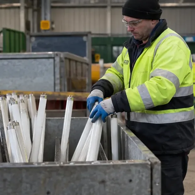 Intacte tl-buizen die gescheiden worden verzameld in een inzamelcontainer
