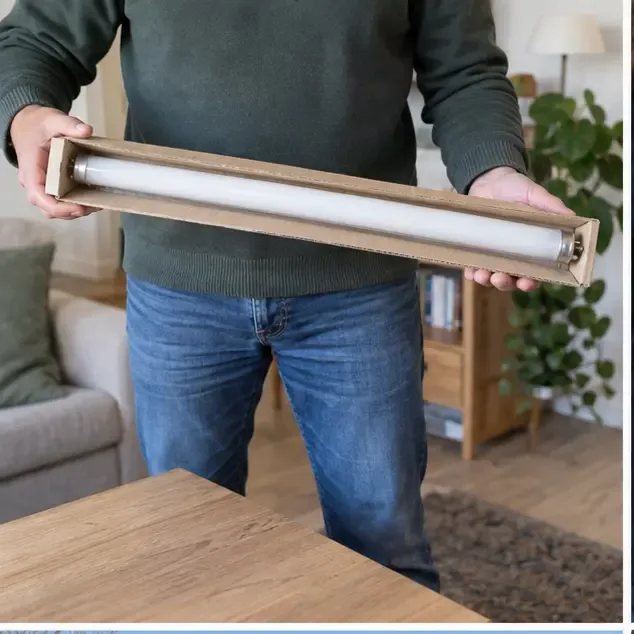Een intacte tl-buis in een kartonnen koker voordat deze naar een inzamelpunt gaat