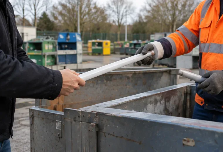 Een bezoeker overhandigt een intacte tl-buis aan een medewerker op een afvalbrenglocatie.