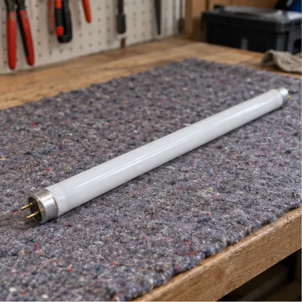 Een hele witte tl-buis ligt los op een zachte werkmat, met de metalen uiteinden duidelijk zichtbaar