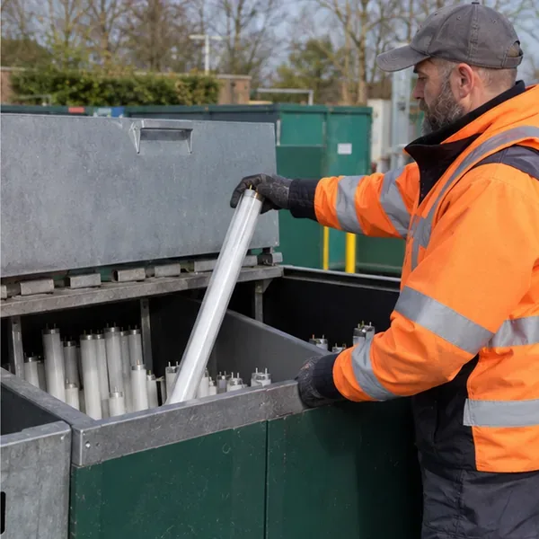 Een medewerker in een oranje veiligheidsjas plaatst een hele tl-buis in een speciale lampeninzamelbox