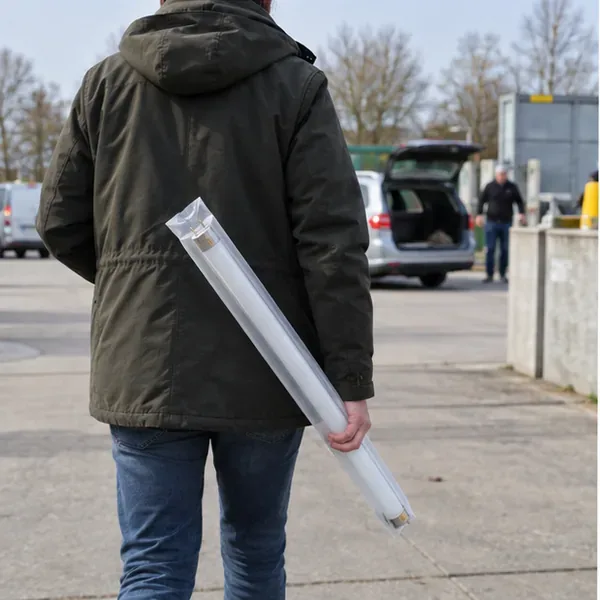 Een inwoner draagt een hele tl-buis op een recyclingterrein richting een afvalbrengstation
