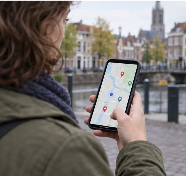 Een persoon bekijkt op een telefoon een kaart met verschillende inleverpunten