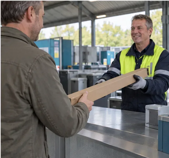 Een bezoeker geeft een lange kartonnen koker met een tl-buis aan een medewerker bij een inleverbalie
