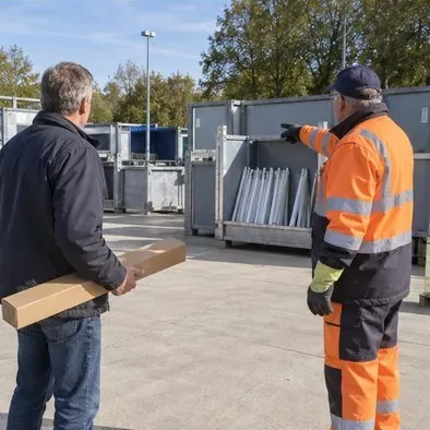Een bezoeker met een lange kartonnen koker staat bij een medewerker die naar de aparte lampeninname op de milieustraat wijst.