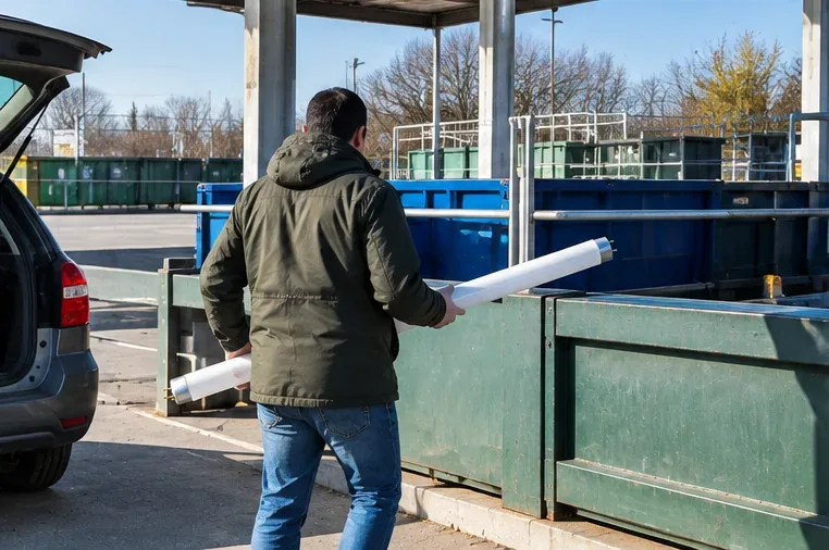Bezoeker brengt twee intacte tl-buizen naar een milieustraat met gescheiden afvalcontainers