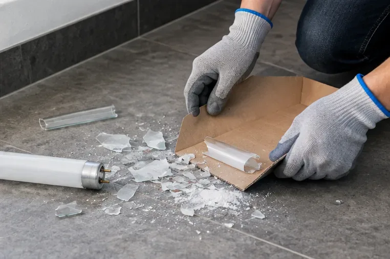 Persoon met beschermende handschoenen verzamelt voorzichtig glasscherven van een gebroken tl-buis met een stuk karton