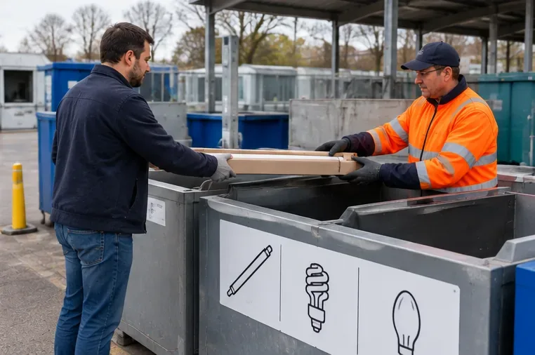 Een medewerker van een milieustraat neemt een lange doos met een tl-buis aan