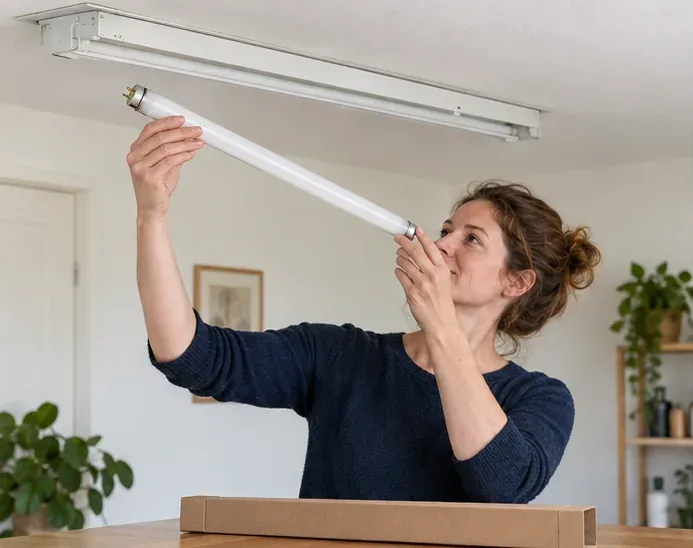 Een vrouw haalt voorzichtig een hele tl-buis uit een armatuur terwijl een kartonnen beschermhoes op tafel ligt