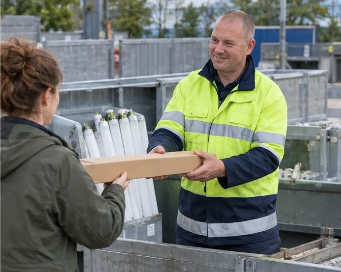 Een medewerker van een recycleplein neemt een lange kartonnen hoes met een tl-buis aan bij een inzamelcontainer