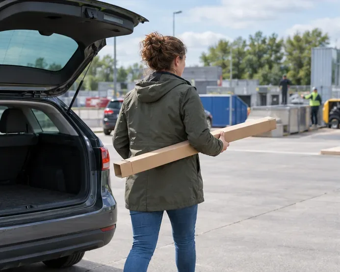 Een vrouw draagt een lange kartonnen hoes met een tl-buis naar een recycleplein naast een auto