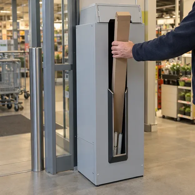 Een lange kartonnen koker wordt in een hoge lampeninleverkast bij de ingang van een winkel geplaatst.