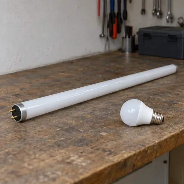 Een intacte lange tl-buis ligt naast een compacte ledlamp op een werkbank.