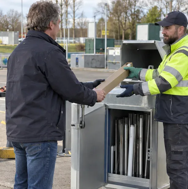 Een inwoner overhandigt een beschermde tl-buis aan een medewerker naast een hoge inzamelkast voor lampen.