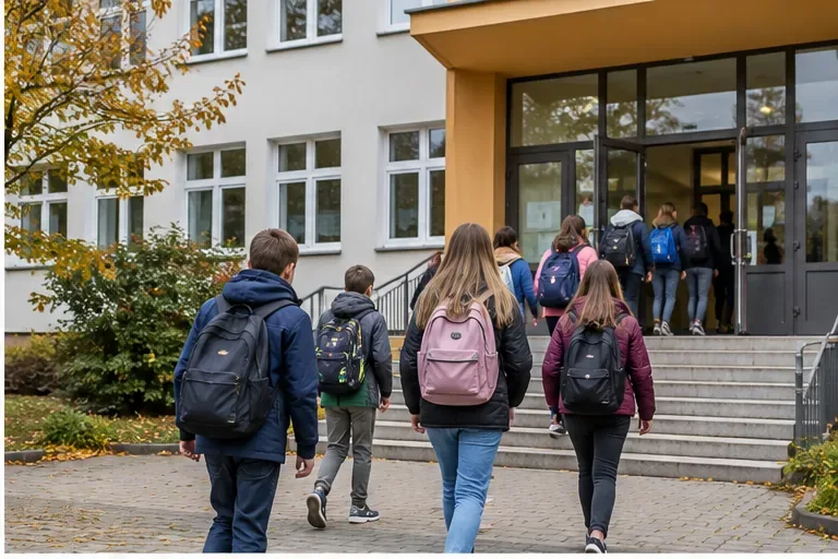 Uczniowie z plecakami wchodzący do budynku szkoły jesienią