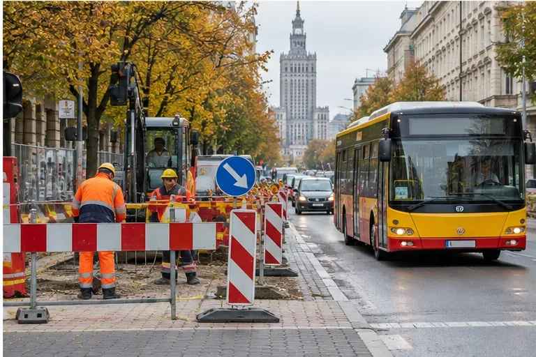 Robotnicy drogowi przy wygrodzonym odcinku ulicy, obok którego przejeżdża miejski autobus w jesiennej Warszawie