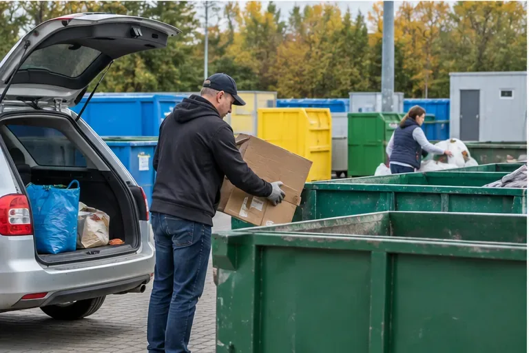 Mieszkaniec wyjmujący karton z samochodu przy kontenerach w punkcie selektywnej zbiórki odpadów