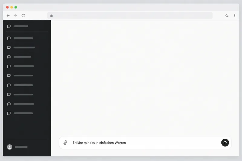 Schlichtes Browserfenster mit Gesprächsliste links und einem Eingabefeld für eine Frage unten