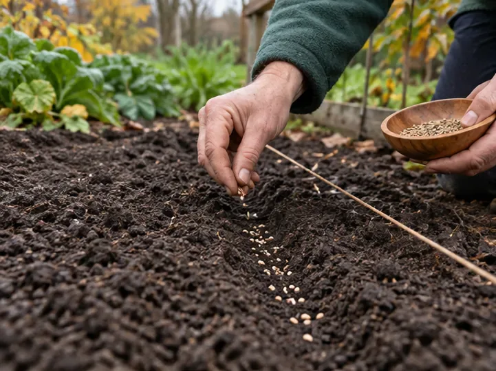 Eine Hand streut Samen in eine schmale Saatfurche im vorbereiteten Herbstbeet.