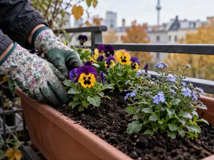 Stiefmütterchen und kleine blaue Vergissmeinnicht werden in einen länglichen Herbst-Balkonkasten gepflanzt.