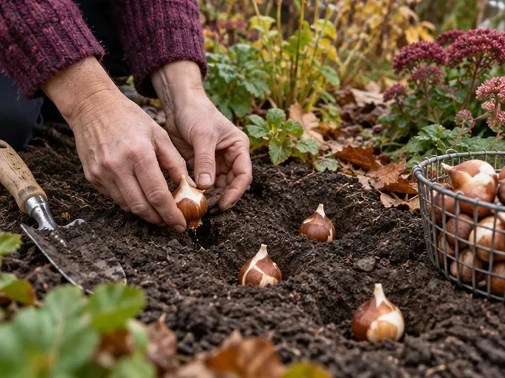 Eine Gärtnerin setzt eine Frühlingsblumenzwiebel in eine lockere Beetkante mit Herbstlaub.