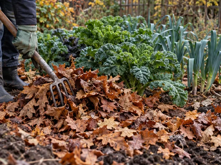 Eine dünne Schicht trockenes Herbstlaub wird zwischen Grünkohl und Lauch verteilt.