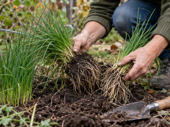 Ein Schnittlauchhorst wird geteilt; die feinen Wurzeln liegen über der lockeren Gartenerde.