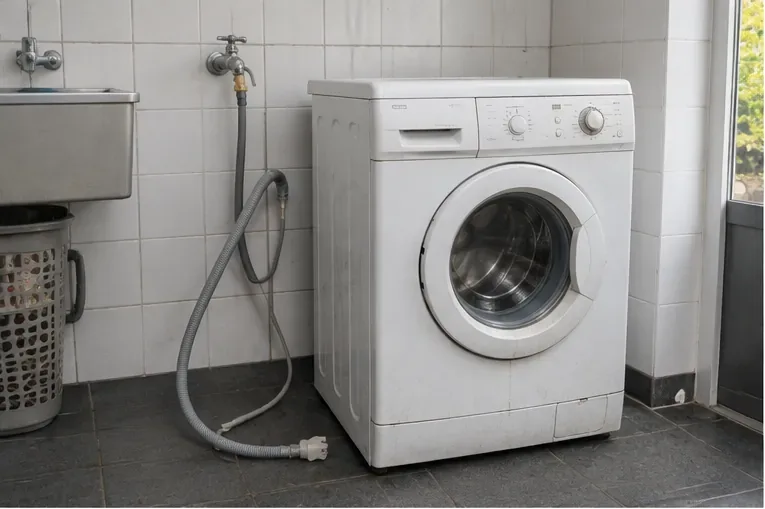 Een oude vrijstaande wasmachine in een betegelde wasruimte, klaar om losgekoppeld en afgevoerd te worden