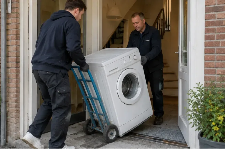 Twee personen verplaatsen een wasmachine rechtop met een steekwagen door een voordeur